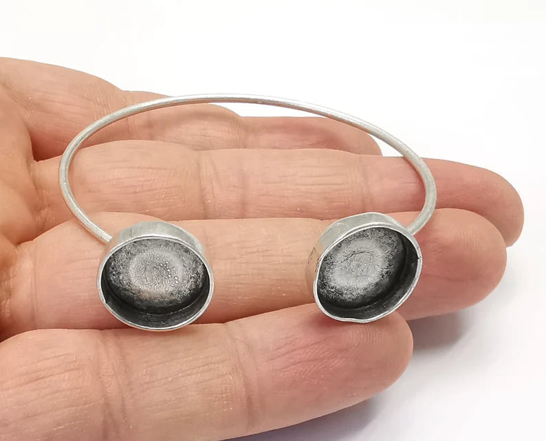 Circle Bracelet Cuff Blank Bezel Glass Cabochon Base Adjustable Antique Silver Plated Brass (14 mm Blanks) G26884