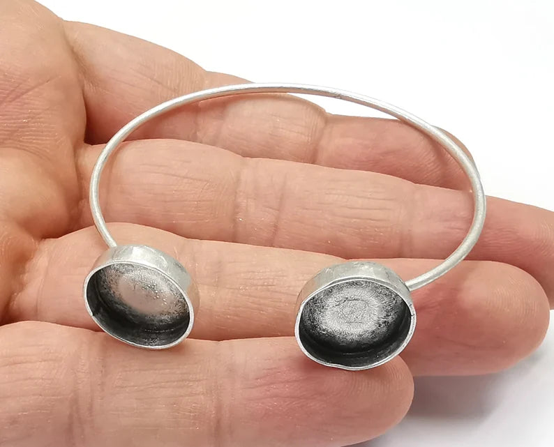 Circle Bracelet Cuff Blank Bezel Glass Cabochon Base Adjustable Antique Silver Plated Brass (14 mm Blanks) G26884