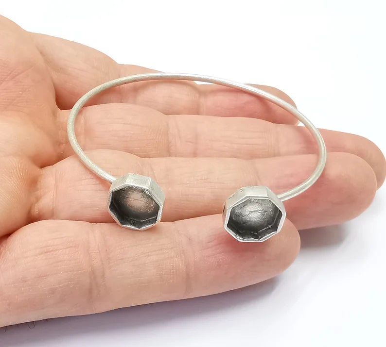 Silver Octagon Bracelet Blank Resin Cuff Dry Bezel Cabochon Base Adjustable Antique Silver Plated Brass (10mm Blanks) G26885
