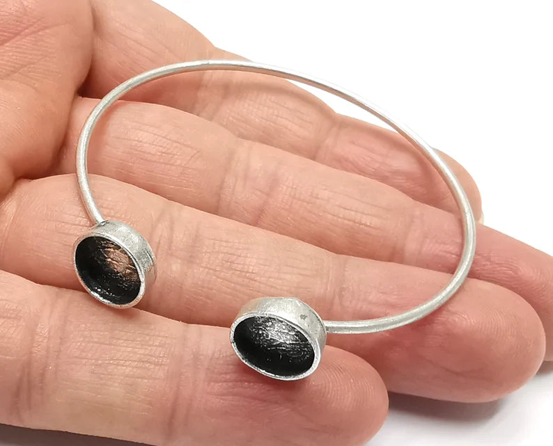 Silver Round Bracelet Blank Resin Cuff Dry Bezel Cabochon Base Adjustable Antique Silver Plated Brass (10mm Blanks) G26889