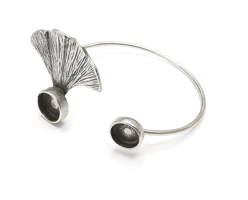 Ginkgo Leaf Bracelet Brass Cuff Blank Bezel Glass Cabochon Base Adjustable Antique Silver Plated Brass (10 and 8mm Blank ) G26902