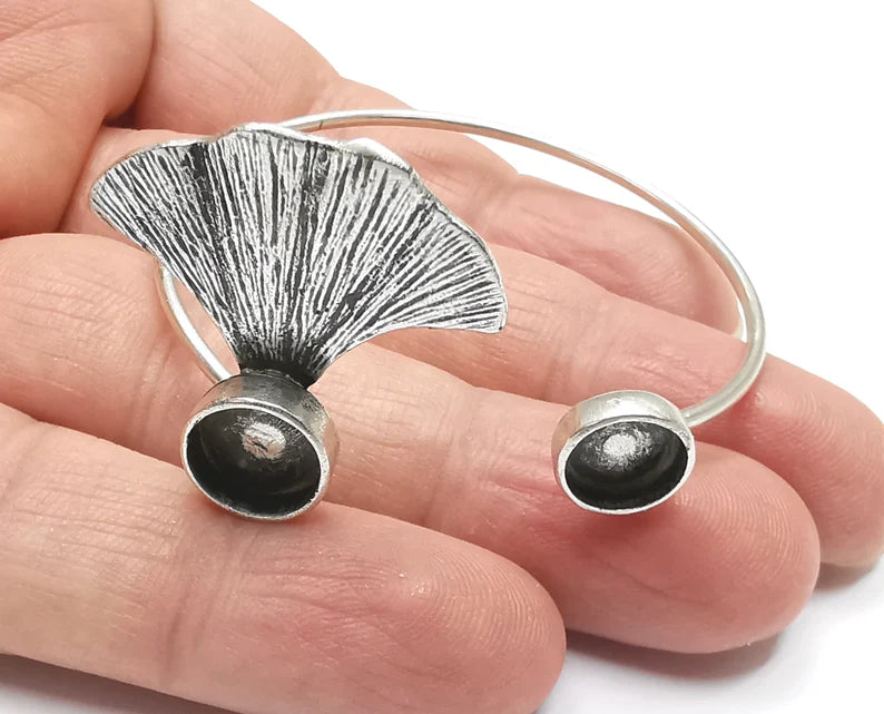Ginkgo Leaf Bracelet Brass Cuff Blank Bezel Glass Cabochon Base Adjustable Antique Silver Plated Brass (10 and 8mm Blank ) G26902