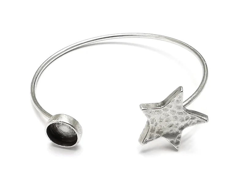 Star Bracelet Blank Cuff Bezel Cabochon Base Resin Mountings Adjustable Antique Silver Plated Brass (8mm Blank) G26908