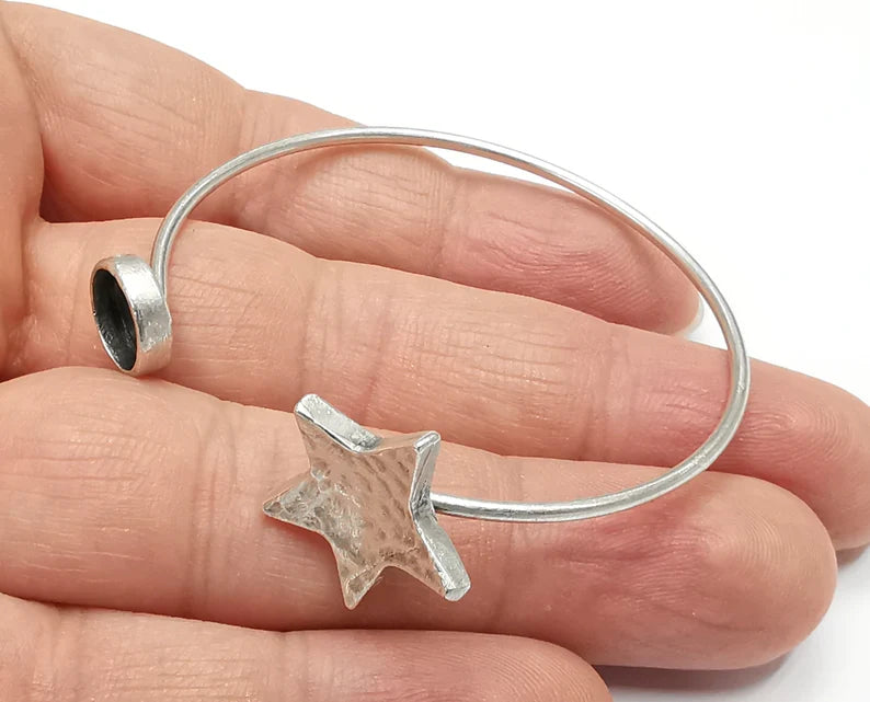 Star Bracelet Blank Cuff Bezel Cabochon Base Resin Mountings Adjustable Antique Silver Plated Brass (8mm Blank) G26908