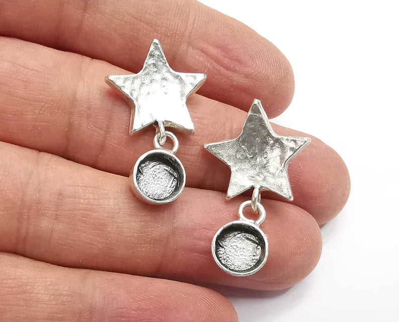 1 Pairs Star Dangle Earring Set Base Wire Antique Silver Plated Brass Earring Base (8mm blanks) G26909