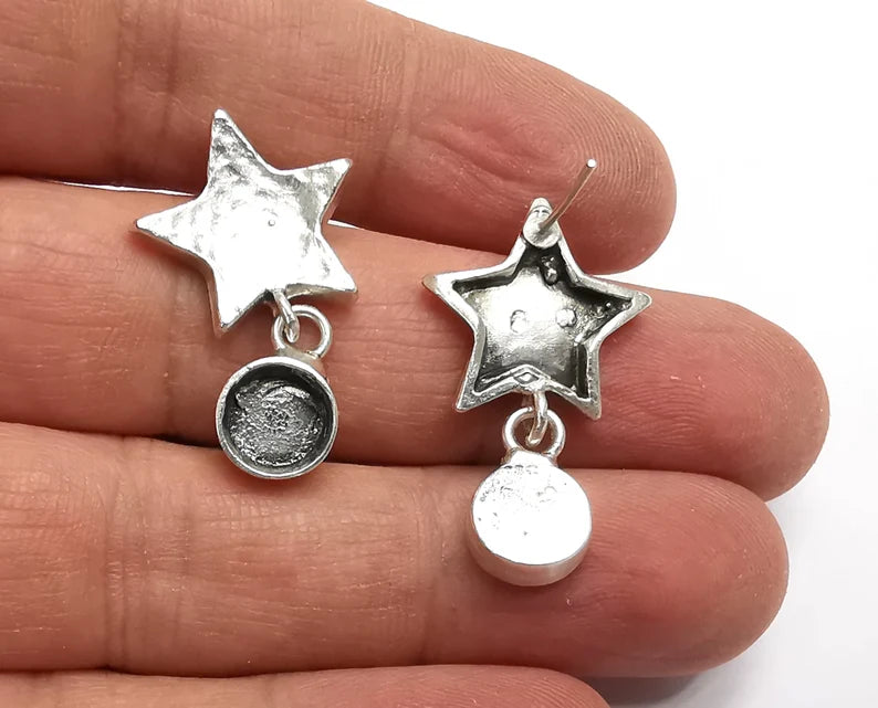 1 Pairs Star Dangle Earring Set Base Wire Antique Silver Plated Brass Earring Base (8mm blanks) G26909