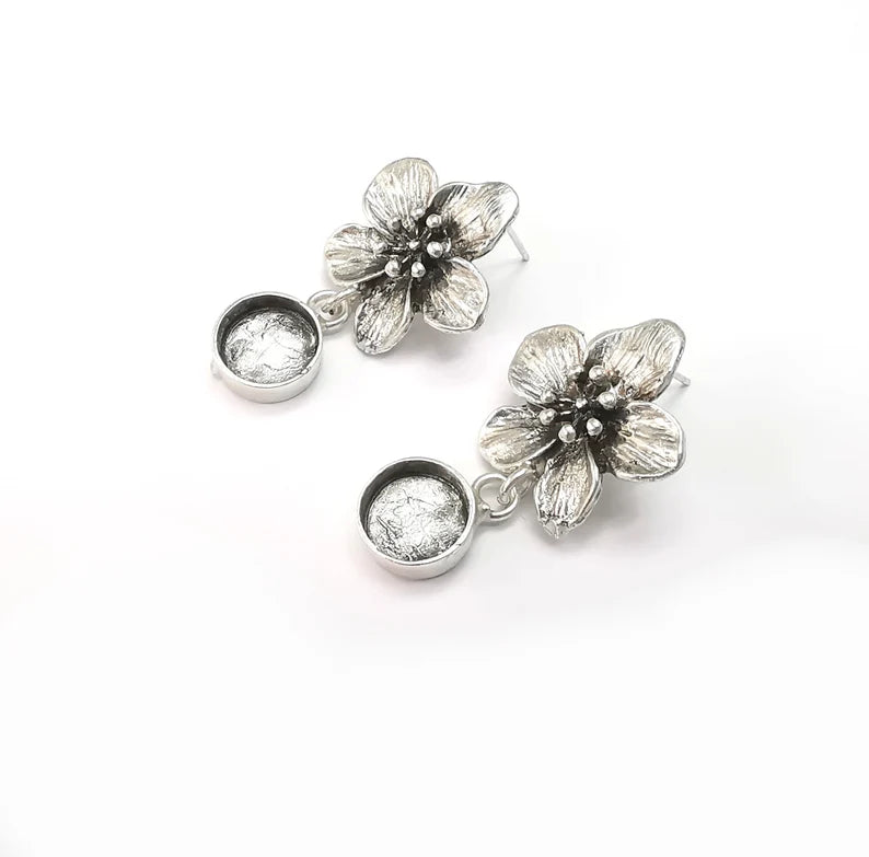 Flower Dangle Earring Base Wire Earring Blank Antique Silver Plated Brass Earring Base (10mm blank) G27163