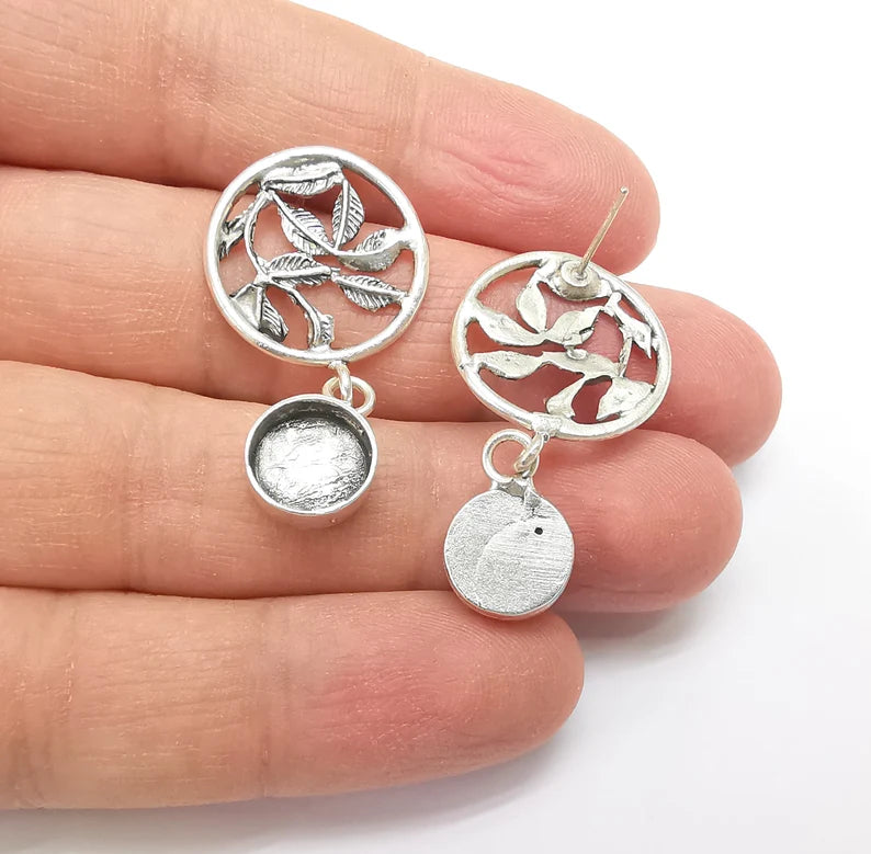 Leaf Dangle Earring Base Wire Earring Blank Antique Silver Plated Brass Earring Base (10mm blank) G27166