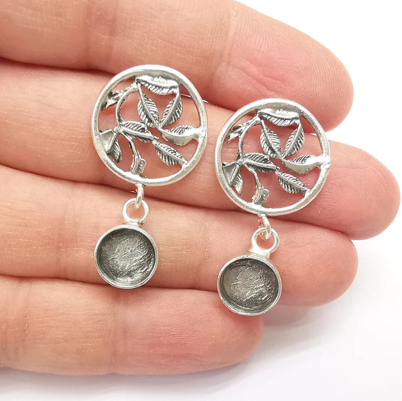 Leaf Dangle Earring Base Wire Earring Blank Antique Silver Plated Brass Earring Base (10mm blank) G27166