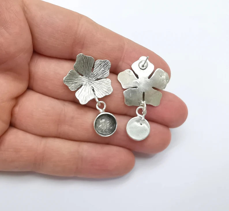 Flower Dangle Earring Base Wire Earring Blank Antique Silver Plated Brass Earring Base (10mm blank) G27168