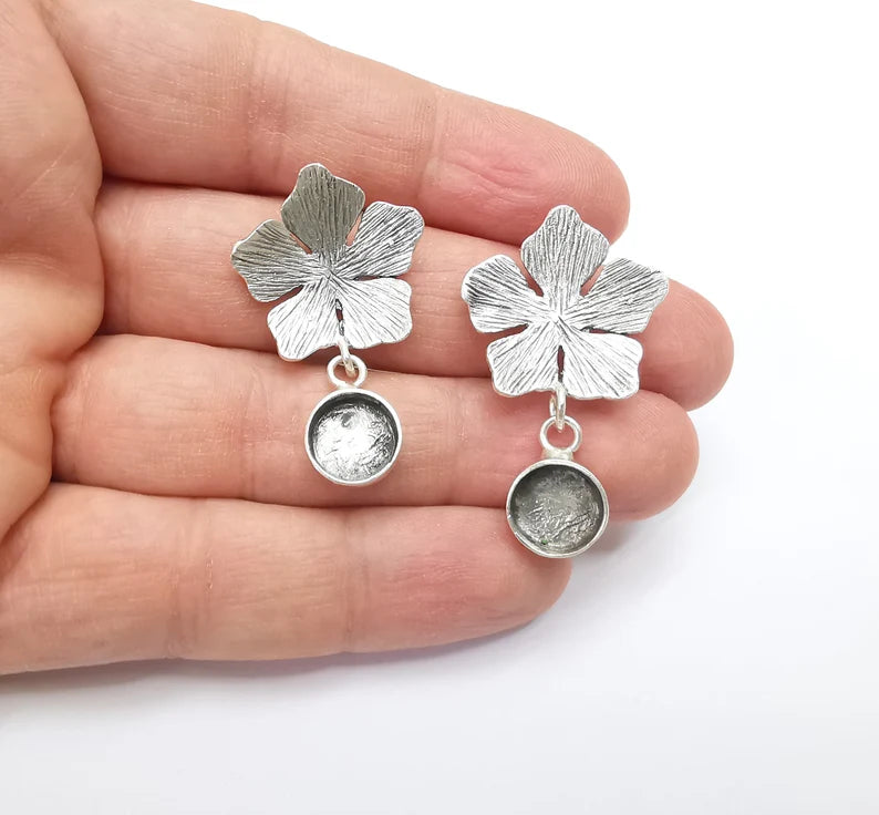 Flower Dangle Earring Base Wire Earring Blank Antique Silver Plated Brass Earring Base (10mm blank) G27168