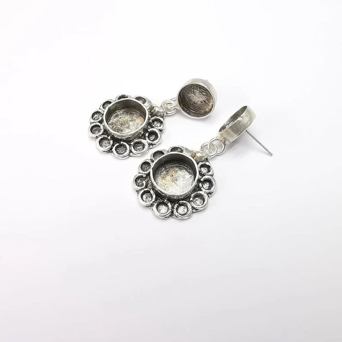 Flower Dangle Earring Base Wire Earring Blank Antique Silver Plated Brass Earring Base (10mm + 11mm blank) G27169