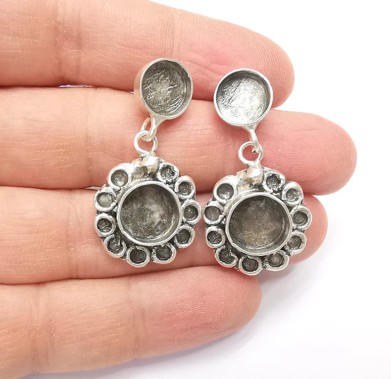 Flower Dangle Earring Base Wire Earring Blank Antique Silver Plated Brass Earring Base (10mm + 11mm blank) G27169