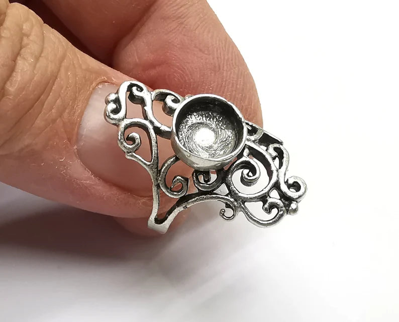 Branch Ring Blanks Silver Round Ring Setting Cabochon Mounting Adjustable Ring Base Bezel Antique Silver Plated Brass (8mm) G26912