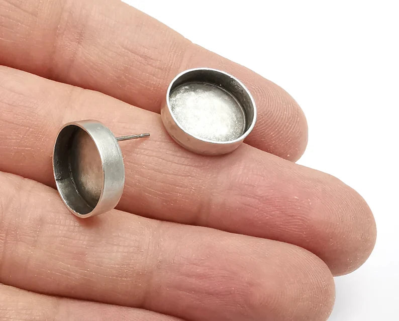 Silver Round Earring Set Base Wire Antique Silver Plated Brass Earring Base (14mm blank) G27006