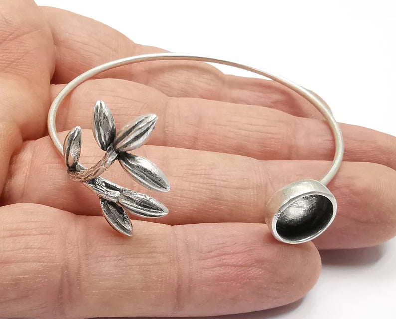 Branch Leaf Silver Bracelet Blank Resin Cuff Dry Bezel Cabochon Base Adjustable Antique Silver Plated Brass (10mm Blank) G26922