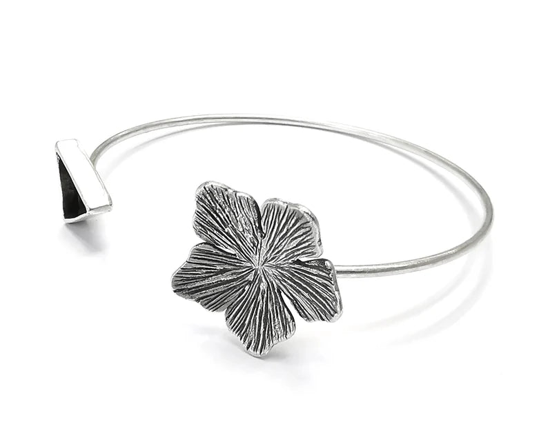Flower Bracelet Cuff Blank Bezel Glass Cabochon Base Adjustable Antique Silver Plated Brass (10mm ) G27171