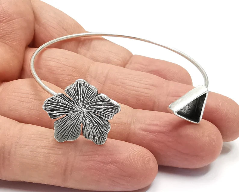 Flower Bracelet Cuff Blank Bezel Glass Cabochon Base Adjustable Antique Silver Plated Brass (10mm ) G27171
