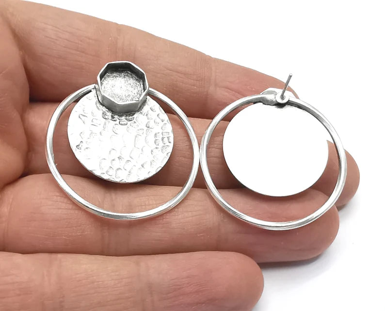 Disc Hammered Hoop Octagon Silver Earring Set Base Wire Antique Silver Plated Brass Earring Base (36x34mm) G27173