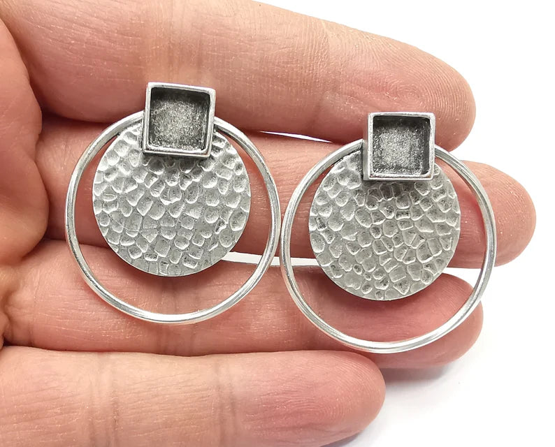 Disc Hammered Hoop Square Silver Earring Set Base Wire Antique Silver Plated Brass Earring Base (36x34mm) G27176