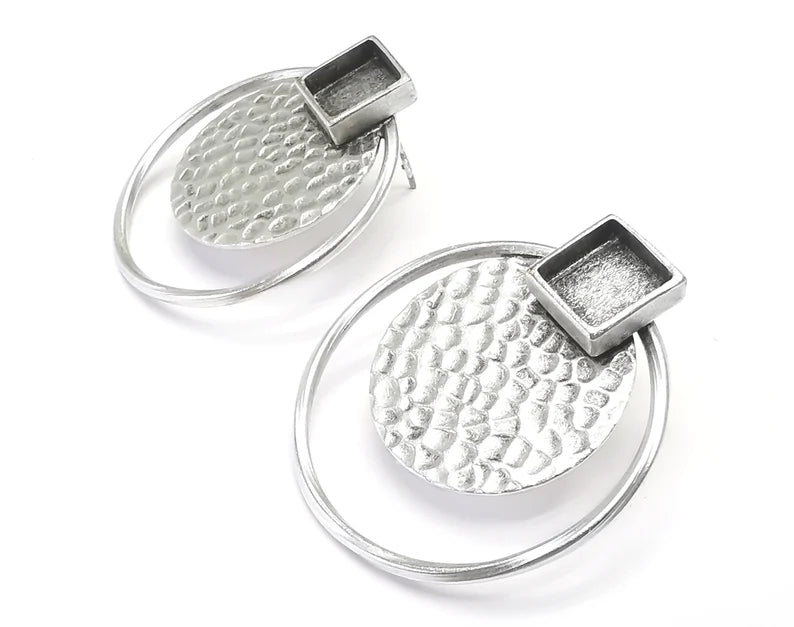 Disc Hammered Hoop Square Silver Earring Set Base Wire Antique Silver Plated Brass Earring Base (36x34mm) G27176