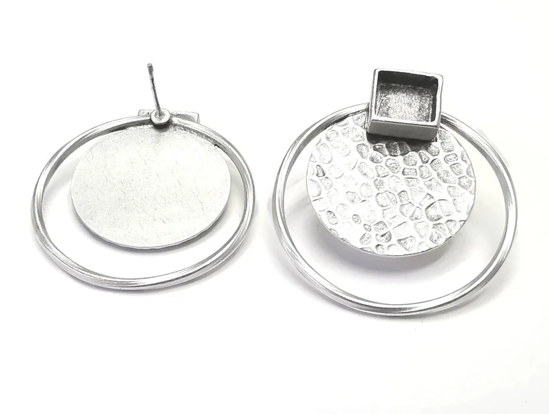 Disc Hammered Hoop Square Silver Earring Set Base Wire Antique Silver Plated Brass Earring Base (36x34mm) G27176