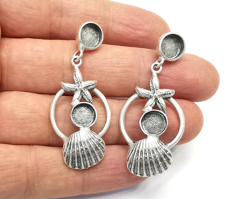 Scallop Starfish Hoop Round Silver Earring Set Base Wire Antique Silver Plated Brass Earring Base (54x22mm) G27177