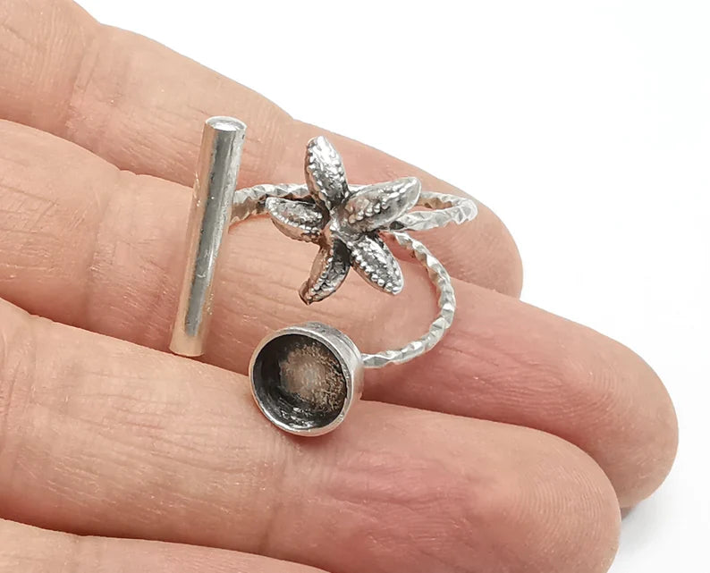 Starfish Rod Blank Silver Ring Setting Cabochon Mounting Adjustable Ring Base Bezel Antique Silver Plated Brass (8mm blank) G26925