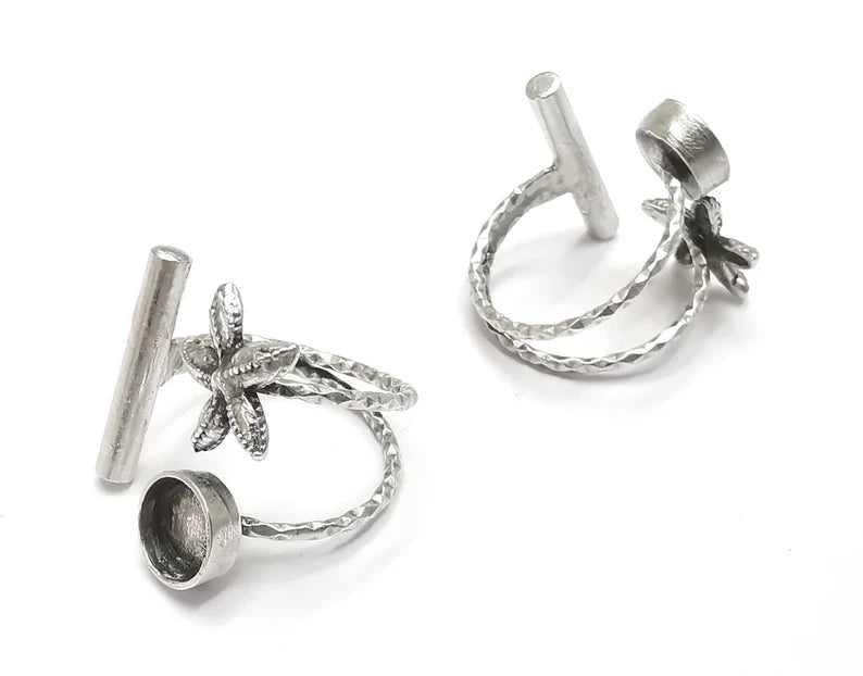 Starfish Rod Blank Silver Ring Setting Cabochon Mounting Adjustable Ring Base Bezel Antique Silver Plated Brass (8mm blank) G26925
