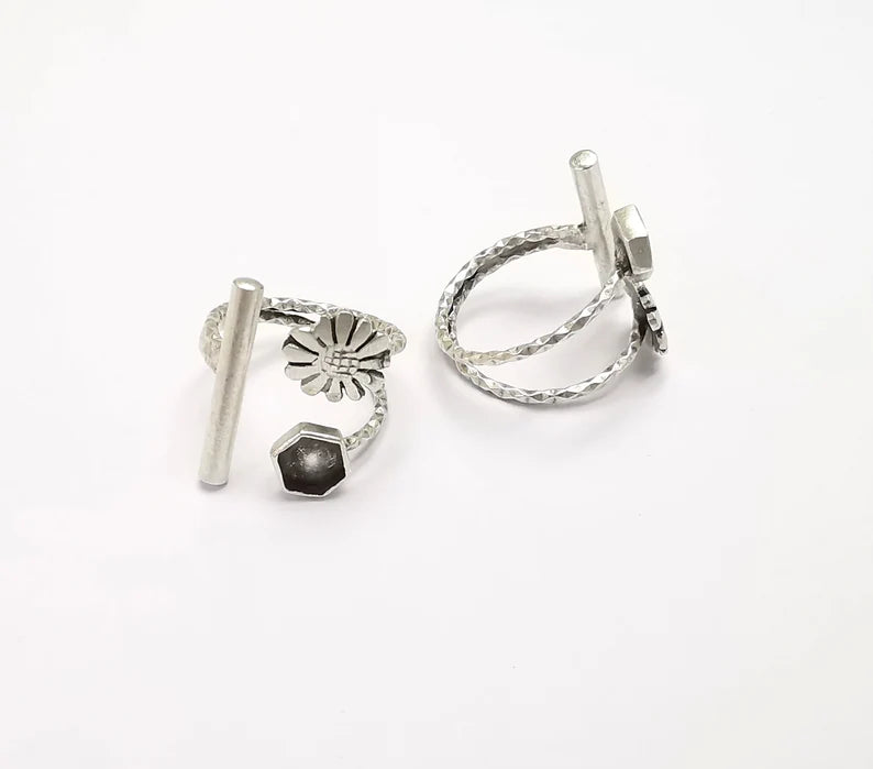 Flower Rod Silver Hexagon Ring Blank Base Bezel Settings Cabochon Mountings Adjustable , Antique Silver Plated Brass (6mm blank) G26932