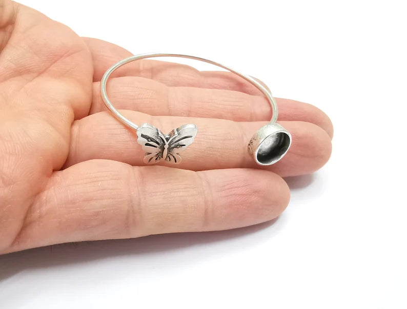Silver Butterfly Bracelet Blanks Resin Cuff Dry Bezel Cabochon Base Adjustable Antique Silver Plated Brass (10mm Blanks) G26934