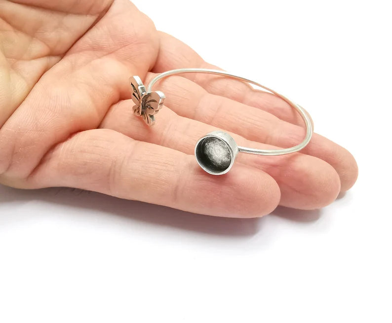 Silver Butterfly Bracelet Blanks Resin Cuff Dry Bezel Cabochon Base Adjustable Antique Silver Plated Brass (10mm Blanks) G26934