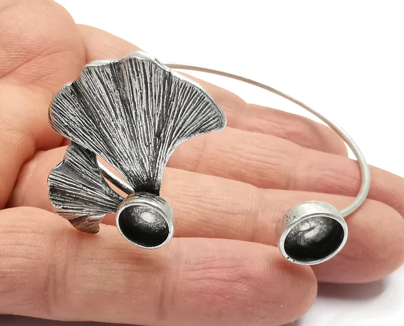 Ginkgo Leaf Bracelet Brass Cuff Blank Bezel Glass Cabochon Base Adjustable Antique Silver Plated Brass (10 and 8mm Blank ) G26937