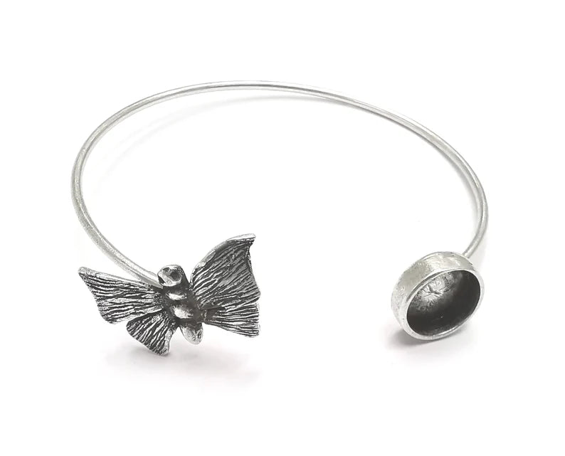 Silver Butterfly Bracelet Blanks Resin Cuff Dry Bezel Cabochon Base Adjustable Antique Silver Plated Brass (10mm Blanks) G26938