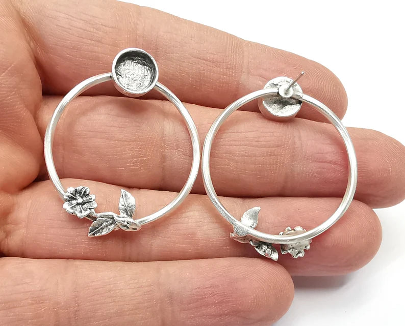 Flower Round Hoop Silver Earring Set Base Wire Antique Silver Plated Brass Earring Base (8mm blank) G27179