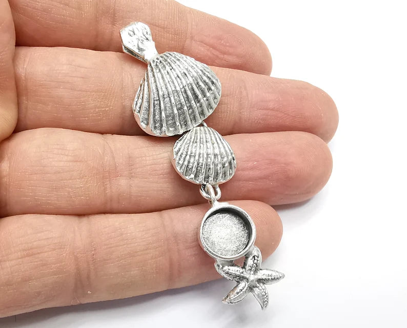 Starfish Scallop Sea Shell Dangle Pendant Base Setting Bezel Blank Antique Silver Plated Brass Pendant (72x22mm)(10mm blanks) G27180