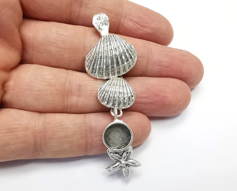 Starfish Scallop Sea Shell Dangle Pendant Base Setting Bezel Blank Antique Silver Plated Brass Pendant (72x22mm)(10mm blanks) G27180