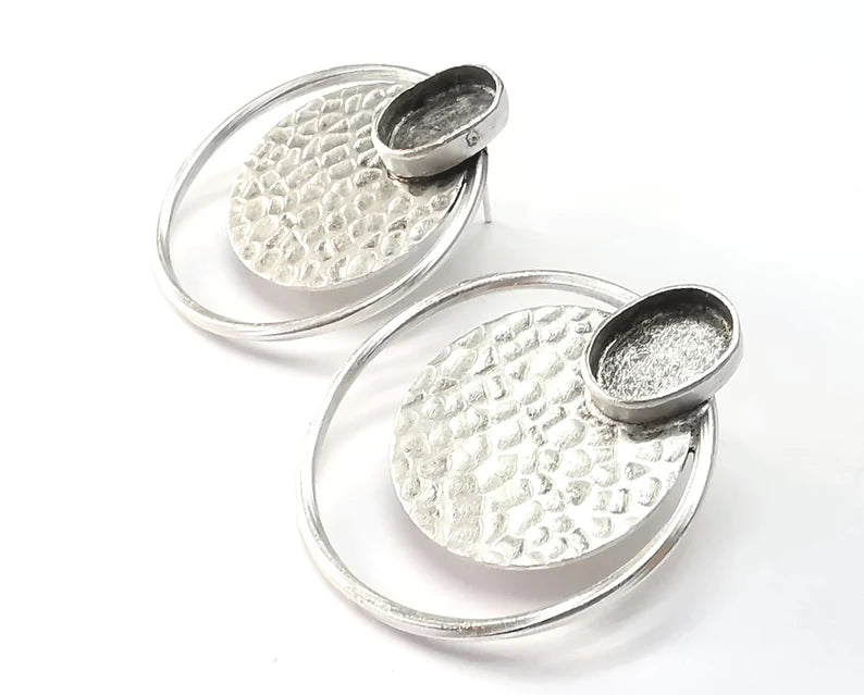 Hammered Disc Oval Silver Earring Set Base Wire Antique Silver Plated Brass Earring Base (36x34mm) G27184