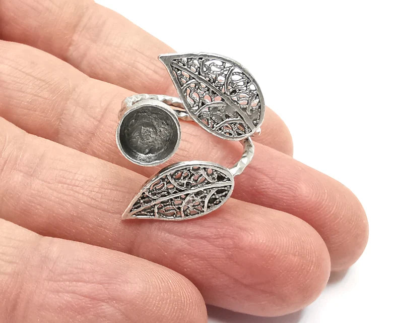 Leaf Ring Setting Blank Cabochon Mounting Adjustable Ring Base Bezel Antique Silver Plated Brass (8mm) G27185