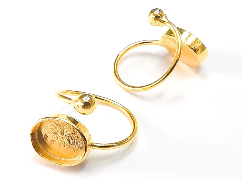 Shiny Gold Ring Bezels Ring Settings Ring Blanks Resin Ring Backs Cabochon Mounting Gold Plated Brass Adjustable Ring Base(14x10mm ) G27186