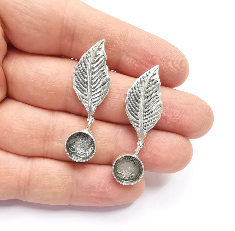 Leaf Silver Earring Set Base Wire Antique Silver Plated Brass Earring Base ( 10mm Blank ) G26943