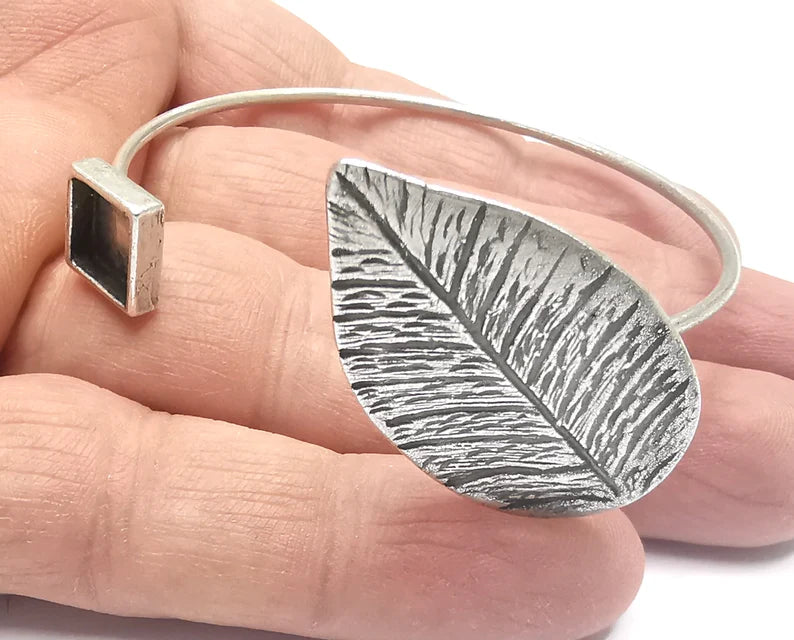 Leaf Bracelet Brass Cuff Blank Bezel Glass Cabochon Base Adjustable Antique Silver Plated Brass (8mm Blank ) G26945