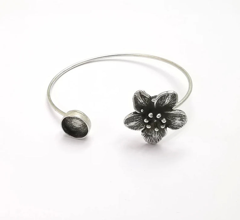 Silver Flower Bracelet Blank Cuff Bezel Cabochon Base Resin Mountings Adjustable Antique Silver Plated Brass (10mm Blank ) G26944