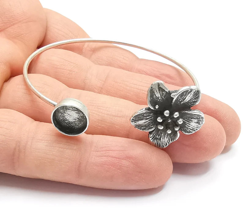 Silver Flower Bracelet Blank Cuff Bezel Cabochon Base Resin Mountings Adjustable Antique Silver Plated Brass (10mm Blank ) G26944