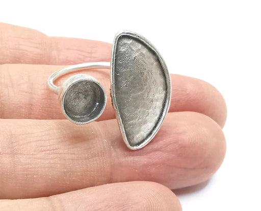 Semi Moon Ring Blanks Silver Round Ring Setting Cabochon Mounting Adjustable Ring Base Bezel Antique Silver Plated Brass (8mm blank) G27189