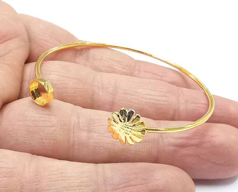 Flower Octagon Bracelet Base Blanks Cuff Blanks Adjustable Bracelet Shiny Gold Plated Brass (8mm Blank) G27190