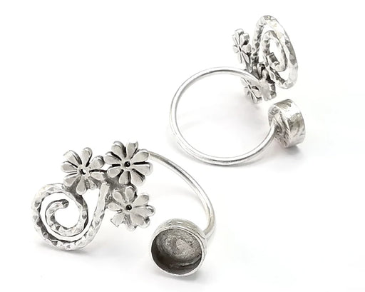 Flower Silver Round Ring Blank Base Bezel Settings Cabochon Mountings Adjustable , Antique Silver Plated Brass (8mm blank) G27194