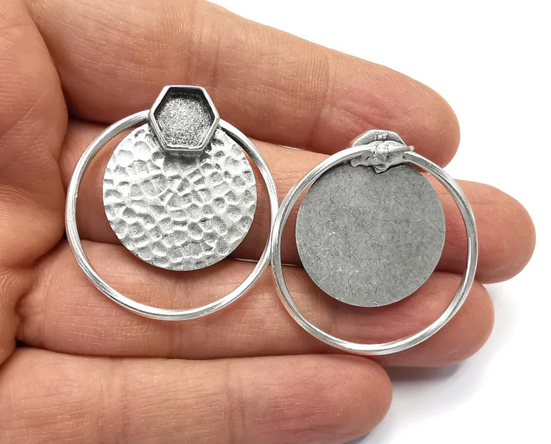 Hammered Disc Hexagonal Silver Earring Set Base Wire Antique Silver Plated Brass Earring Base (36x34mm) G27198