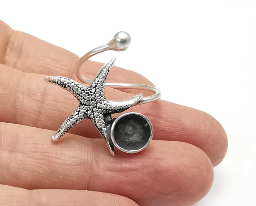 Starfish Blank Silver Ring Setting Cabochon Mounting Adjustable Ring Base Bezel Antique Silver Plated Brass (8mm blanks ) G27199
