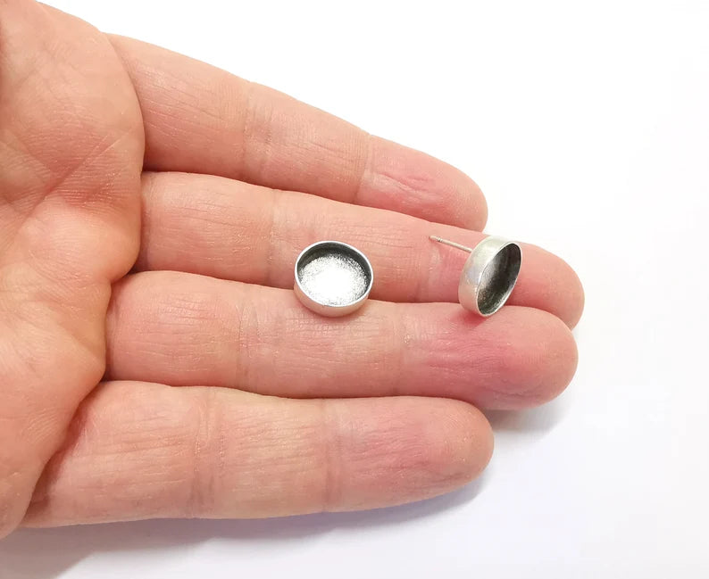 1 Pairs Round Silver Earring Set Base Wire Antique Silver Plated Brass Earring Base (12mm blank) G26961